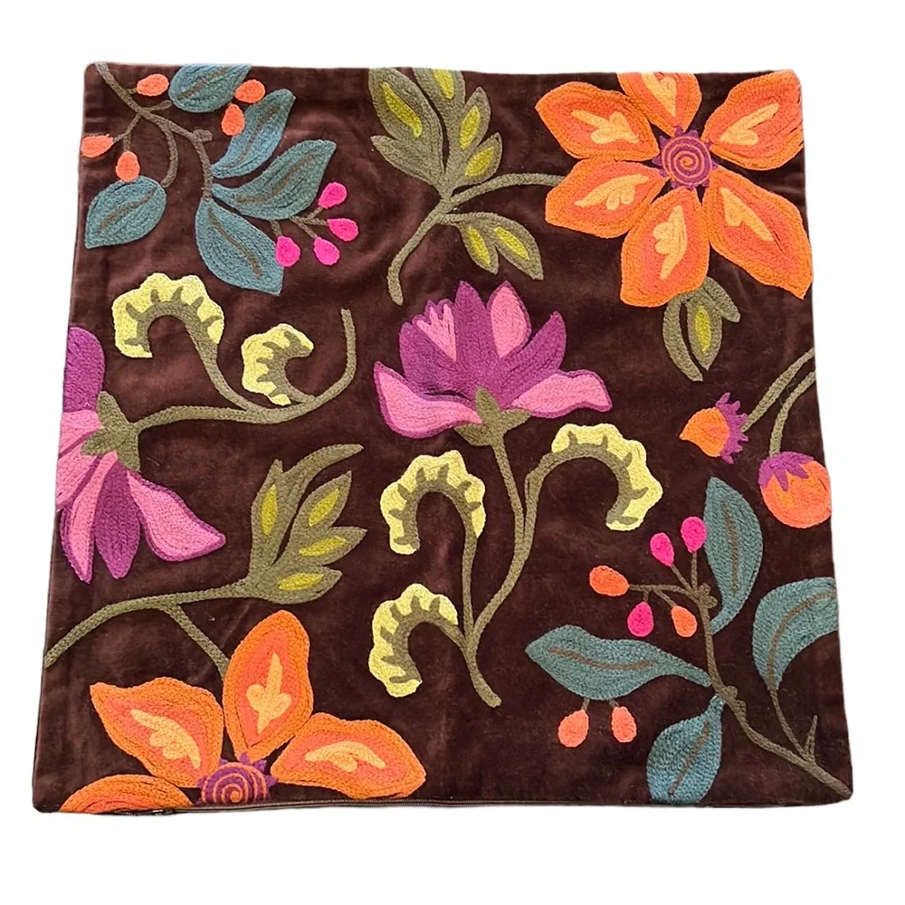 New Crate & Barrel browns velvet pillow cover floral embroidered 17.5”x17.5”